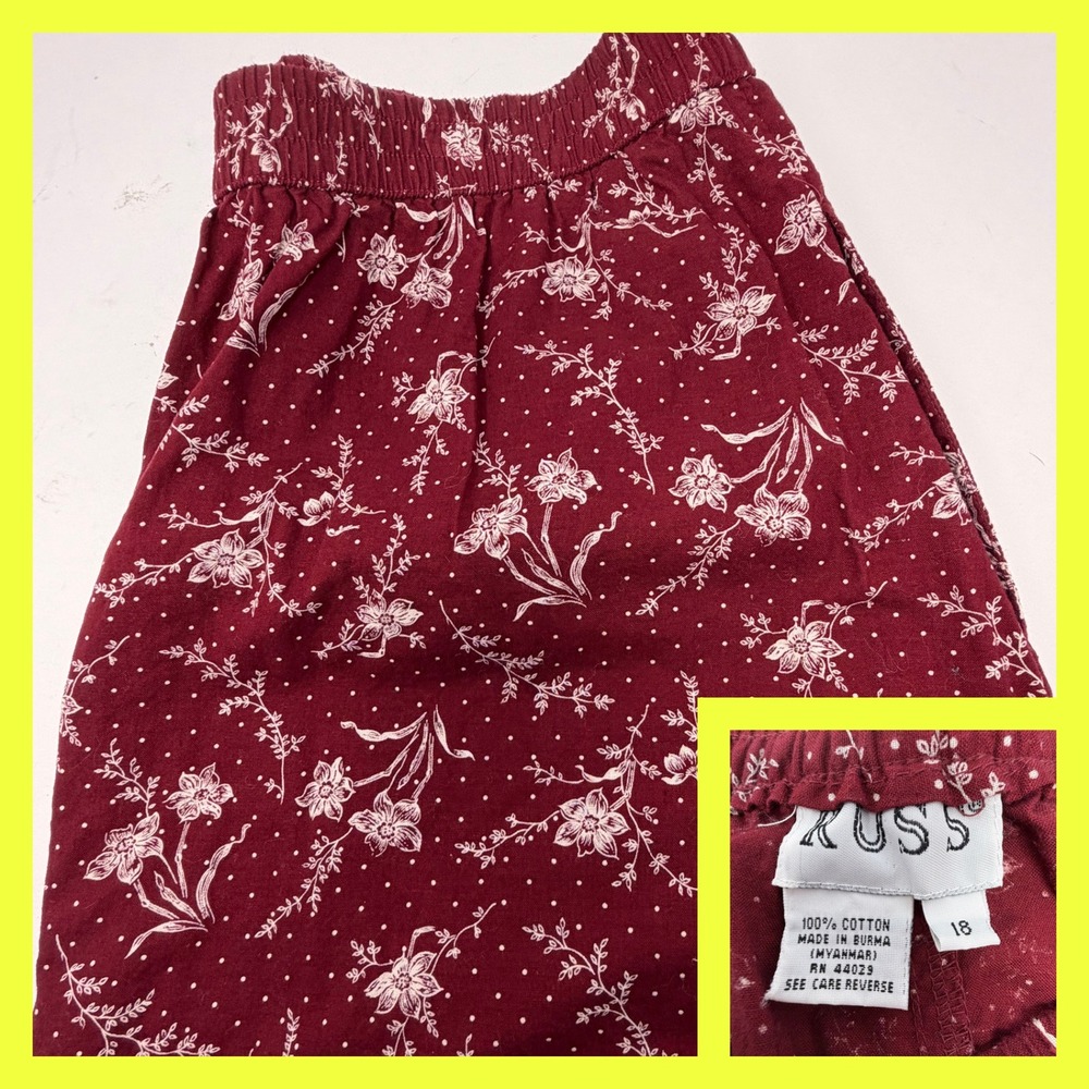 Russ Culottes Womens 18 Burgundy White Floral Polka Dot Cotton Wide Leg Vintage
